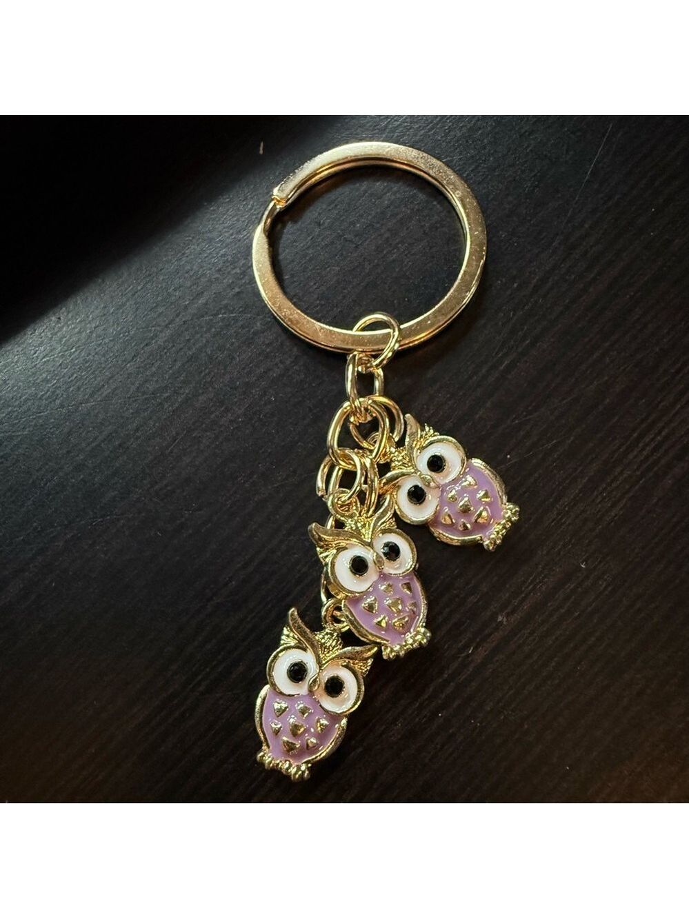 NEW Owl trio enamel key chain bag charm light purple lilac enamel on gold